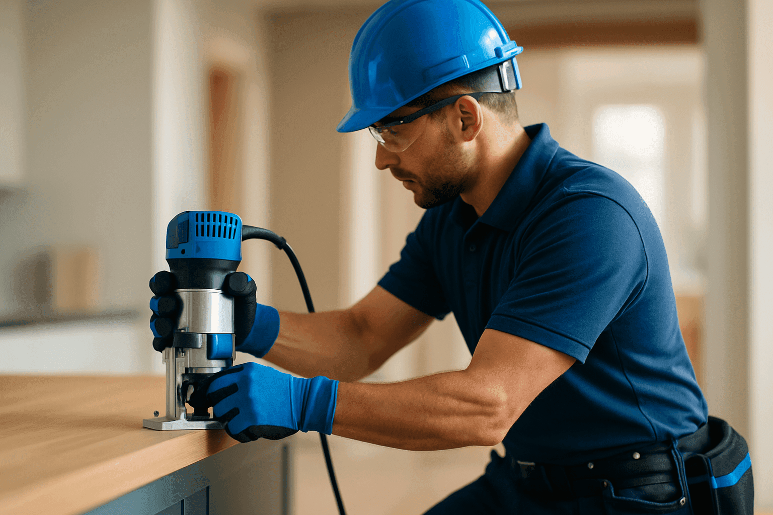 Professional handyman wearing blue-accented PPE working on wooden fixture at clean job site